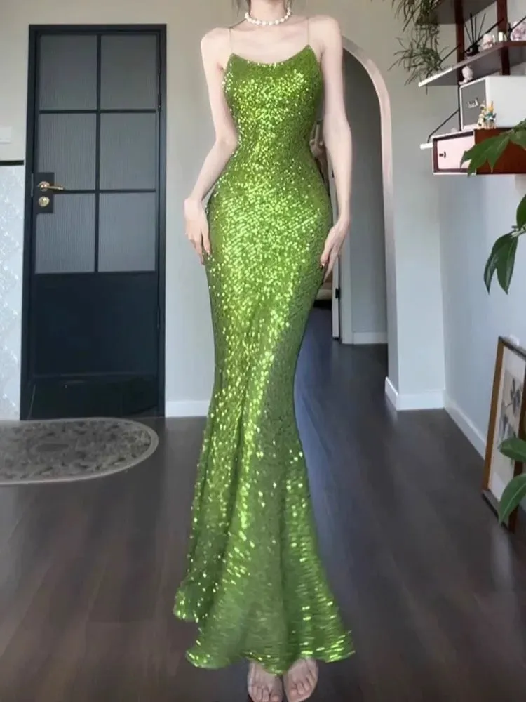 JazzHer Vintage Sheath Spaghetti Straps Green Sequin Long Evening Dress Prom Dresses (PRE-ORDER)
