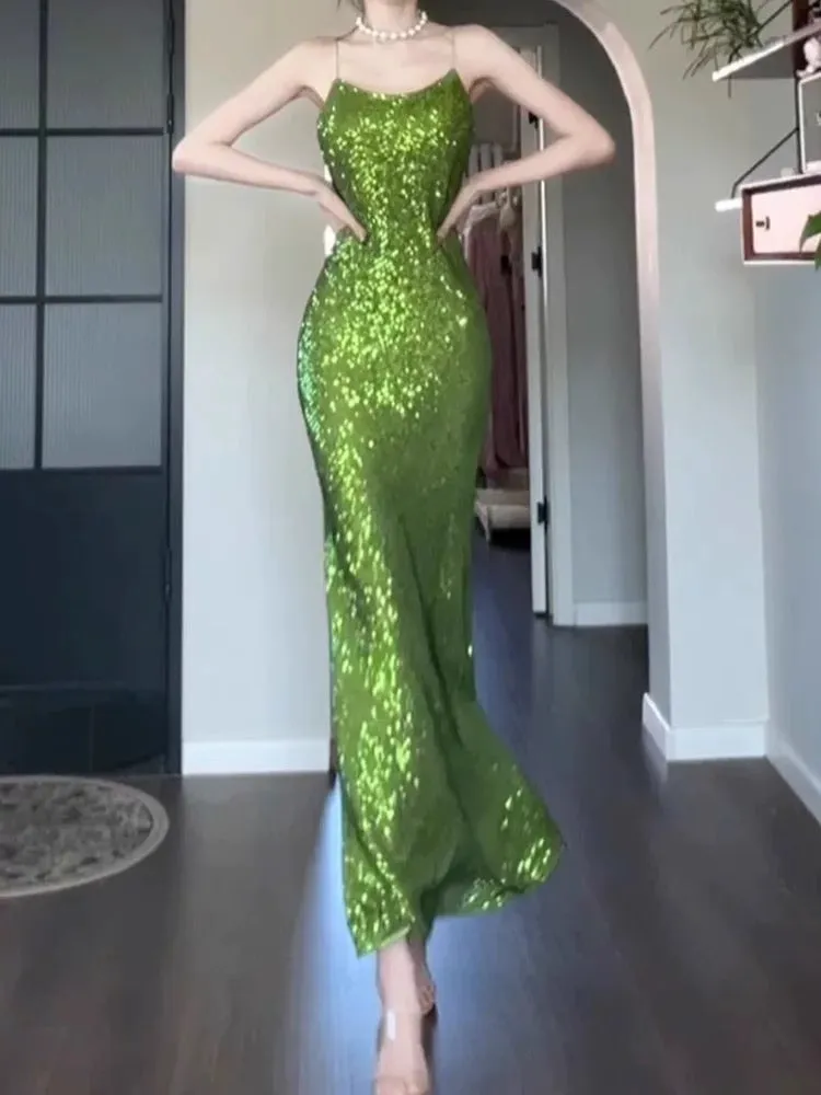 JazzHer Vintage Sheath Spaghetti Straps Green Sequin Long Evening Dress Prom Dresses (PRE-ORDER)
