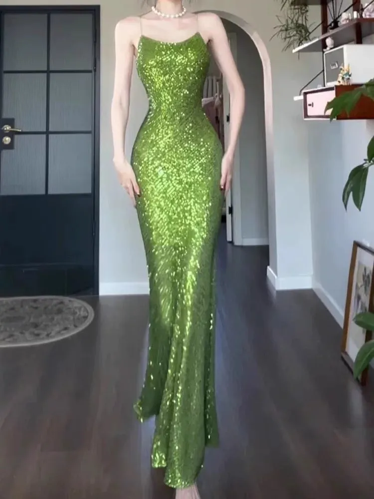 JazzHer Vintage Sheath Spaghetti Straps Green Sequin Long Evening Dress Prom Dresses (PRE-ORDER)