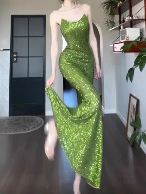 JazzHer Vintage Sheath Spaghetti Straps Green Sequin Long Evening Dress Prom Dresses (PRE-ORDER)