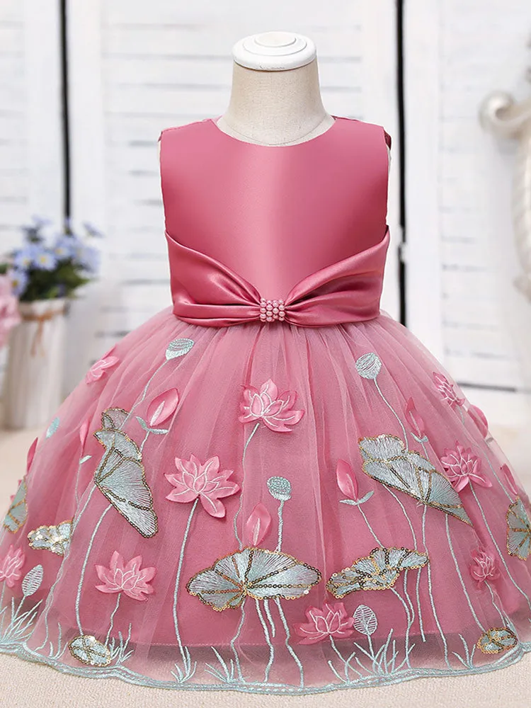 Jewel Neck Polyester Sleeveless Polyester Cotton Tulle Short A-Line Embroidered Kids Party Dresses