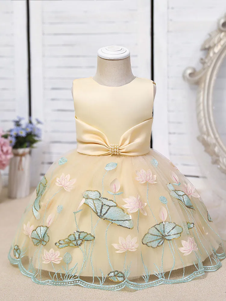 Jewel Neck Polyester Sleeveless Polyester Cotton Tulle Short A-Line Embroidered Kids Party Dresses