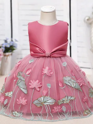 Jewel Neck Polyester Sleeveless Polyester Cotton Tulle Short A-Line Embroidered Kids Party Dresses
