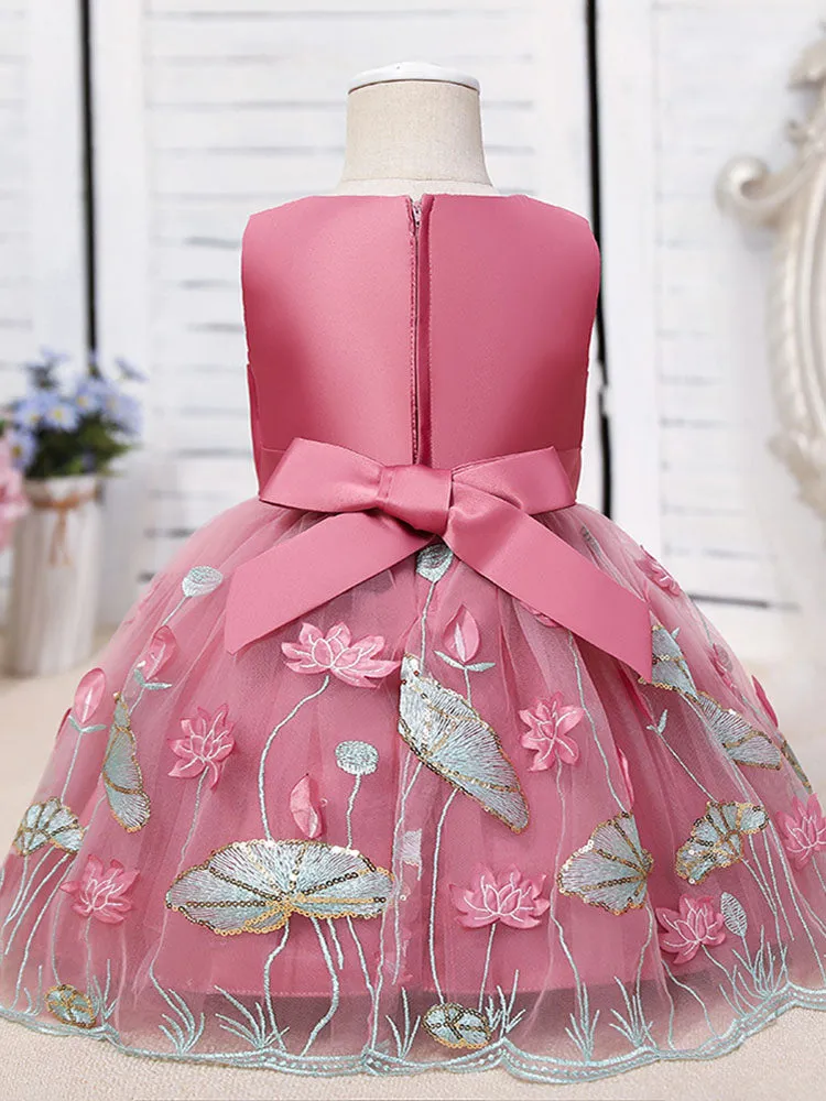 Jewel Neck Polyester Sleeveless Polyester Cotton Tulle Short A-Line Embroidered Kids Party Dresses