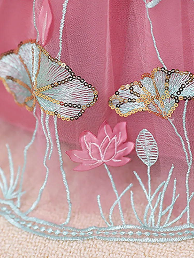 Jewel Neck Polyester Sleeveless Polyester Cotton Tulle Short A-Line Embroidered Kids Party Dresses