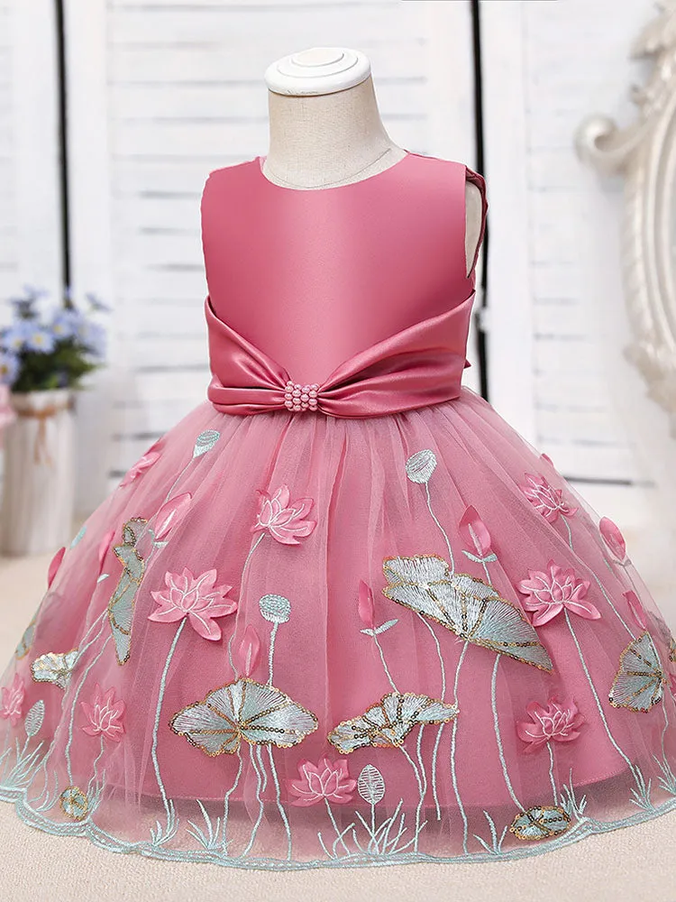 Jewel Neck Polyester Sleeveless Polyester Cotton Tulle Short A-Line Embroidered Kids Party Dresses