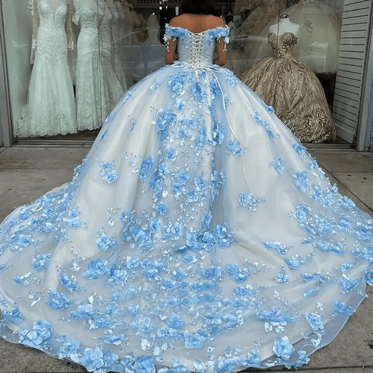 Lace Dresses Off the Shoulder 3D Flowers Quinceanera Dresses