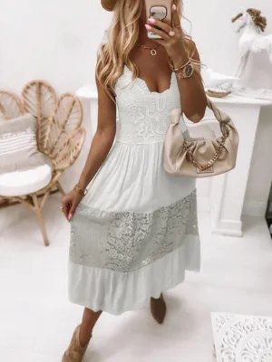 Lace Maxi Dress with Sleeveless Design and V-Neckline
