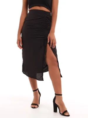 Ladies Plain Rouch Satin Skirt - Black