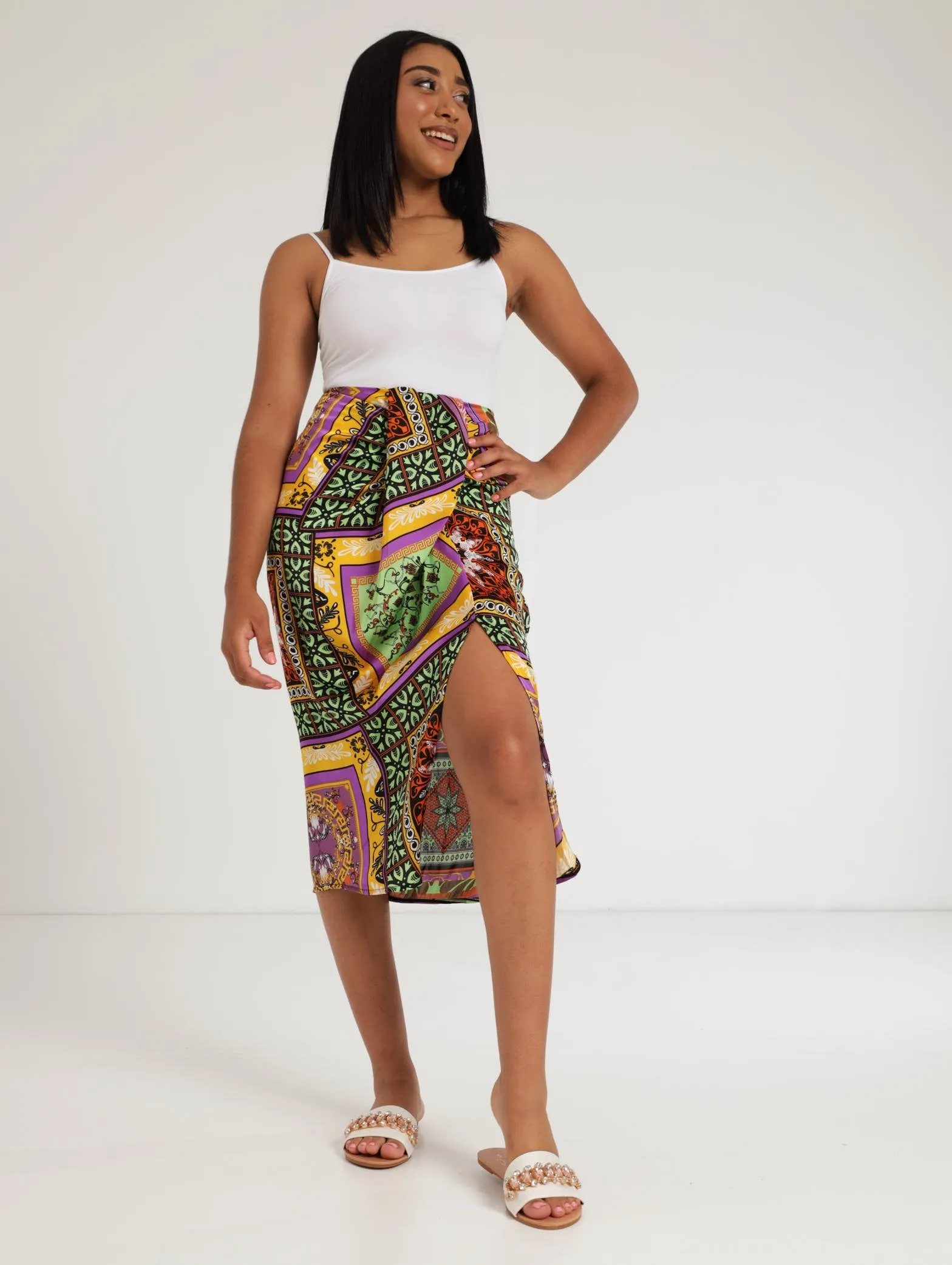 Ladies Scarf Print Satin Wrap Skirt