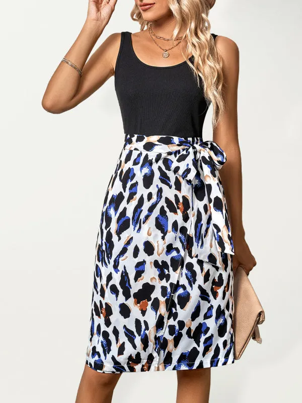 Leopard Print Sleeveless Dress with Waist Tie