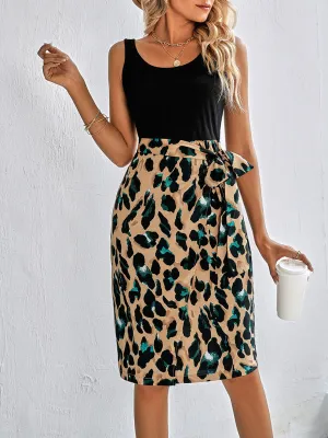 Leopard Print Sleeveless Dress with Waist Tie