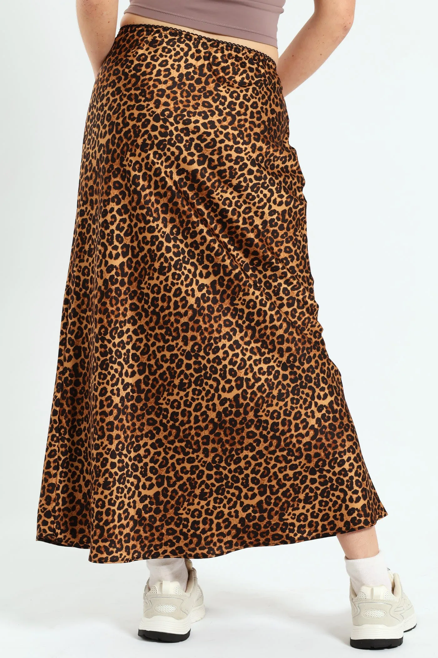 Leopard Satin Midi Skirt - Brown
