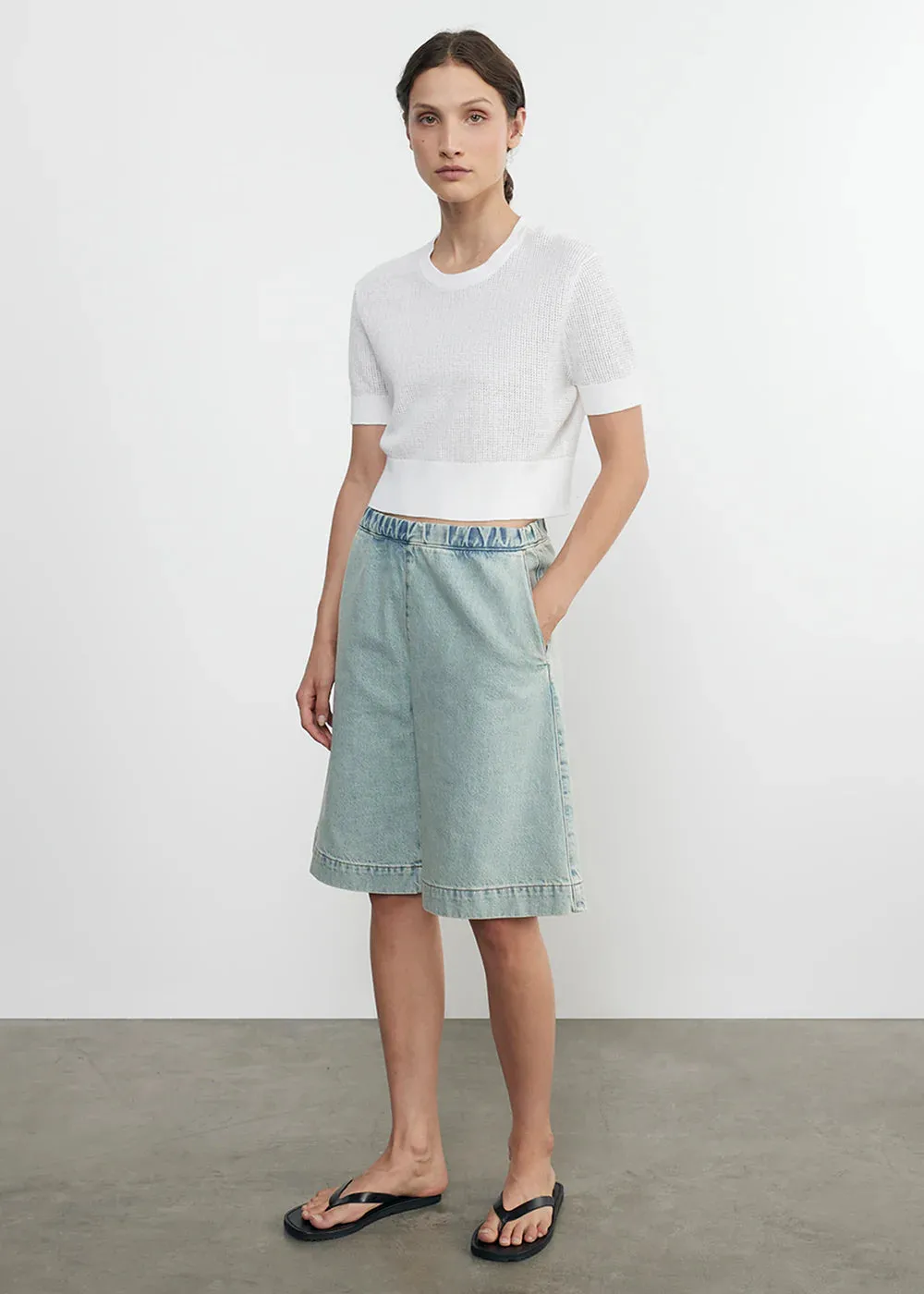 Linen Open Knit Cropped Short Sleeve - White