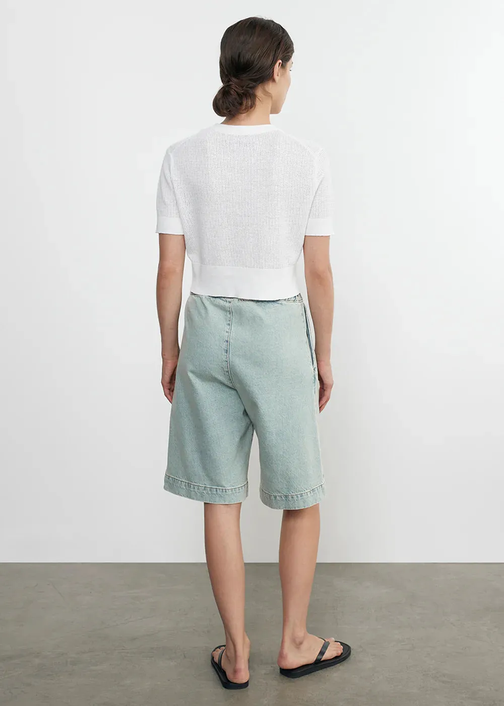 Linen Open Knit Cropped Short Sleeve - White