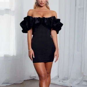 London - Black Ruffle Off The Shoulder Mini Bodycon Dress