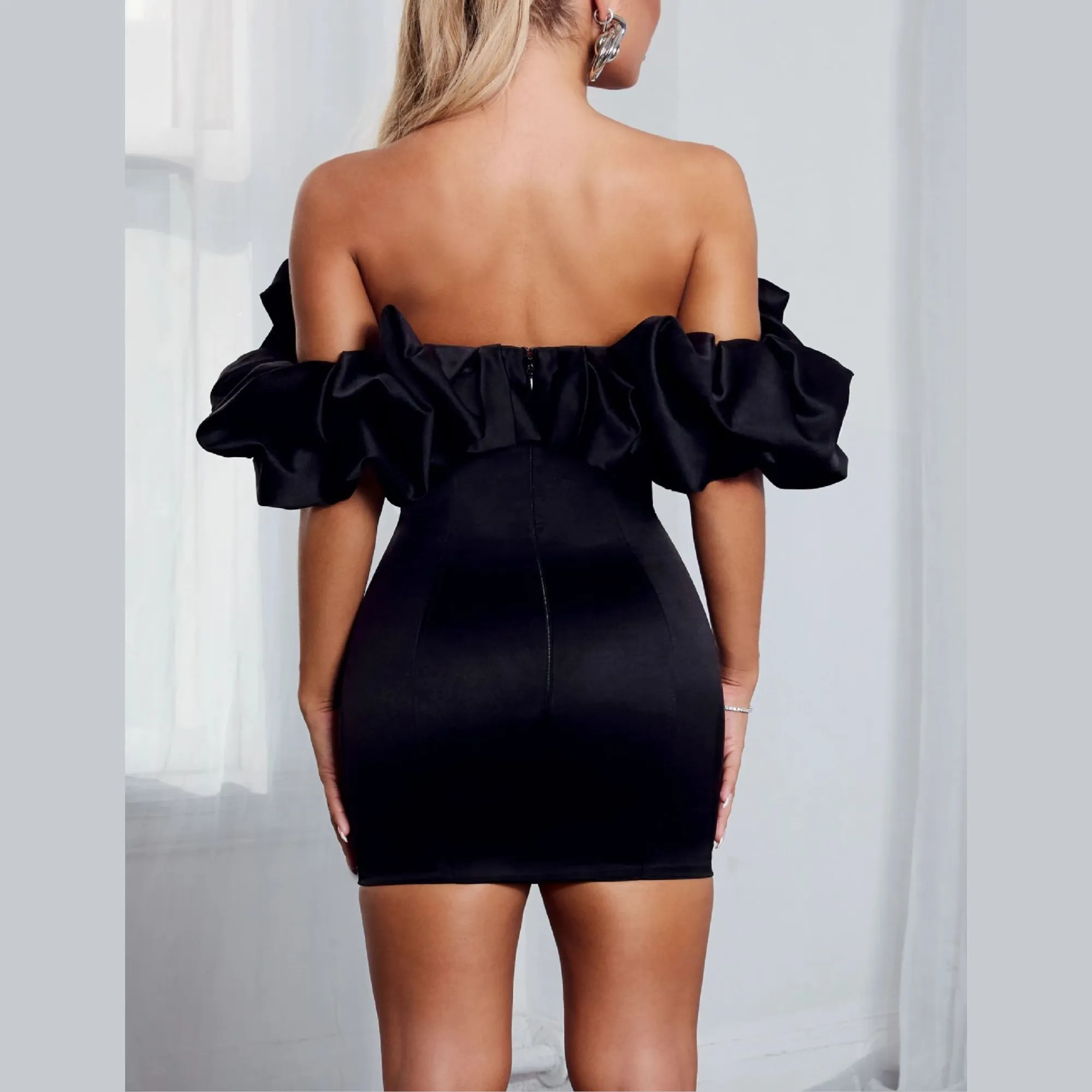 London - Black Ruffle Off The Shoulder Mini Bodycon Dress