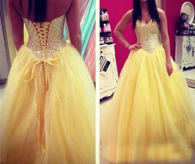Lovely Yellow Tulle Puffy Ball Gown Quinceanera Dresses 2018 Sweet 16 Dresses Beaded Sequins Lace-up Back Vestidos De 15