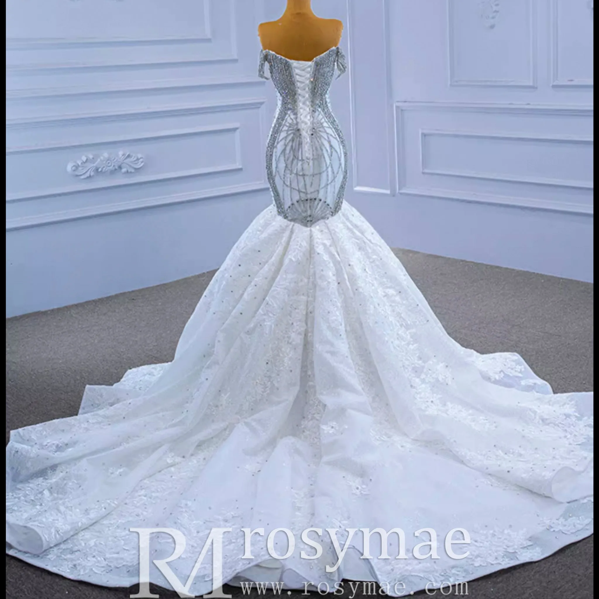 Luxury Beaded Lace Mermaid Wedding Dress with Off the Shoulder