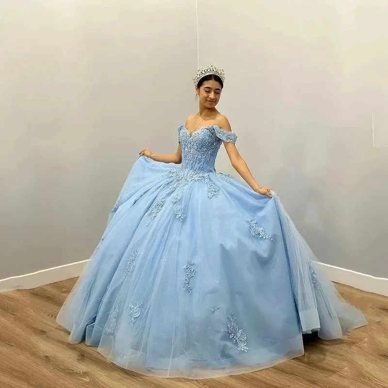 Luxury Glittering Blue Quinceanera Dresses Beading Appliques Ball Gown Vestidos De 15 Anos Formal Prom Party