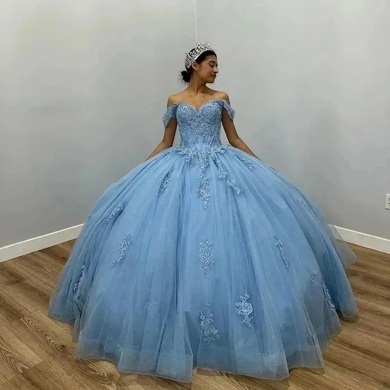Luxury Glittering Blue Quinceanera Dresses Beading Appliques Ball Gown Vestidos De 15 Anos Formal Prom Party
