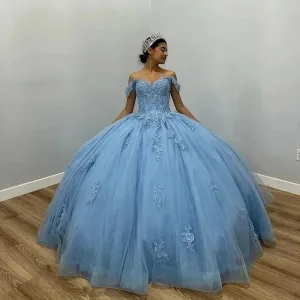Luxury Glittering Blue Quinceanera Dresses Beading Appliques Ball Gown Vestidos De 15 Anos Formal Prom Party