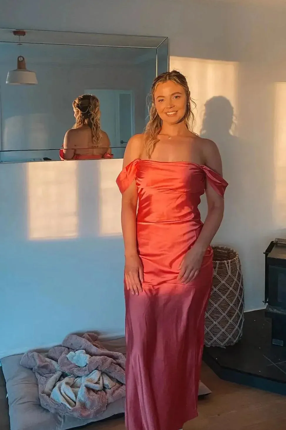 Marquina | Off the Shoulder Coral Mermaid Satin Long Party Dress