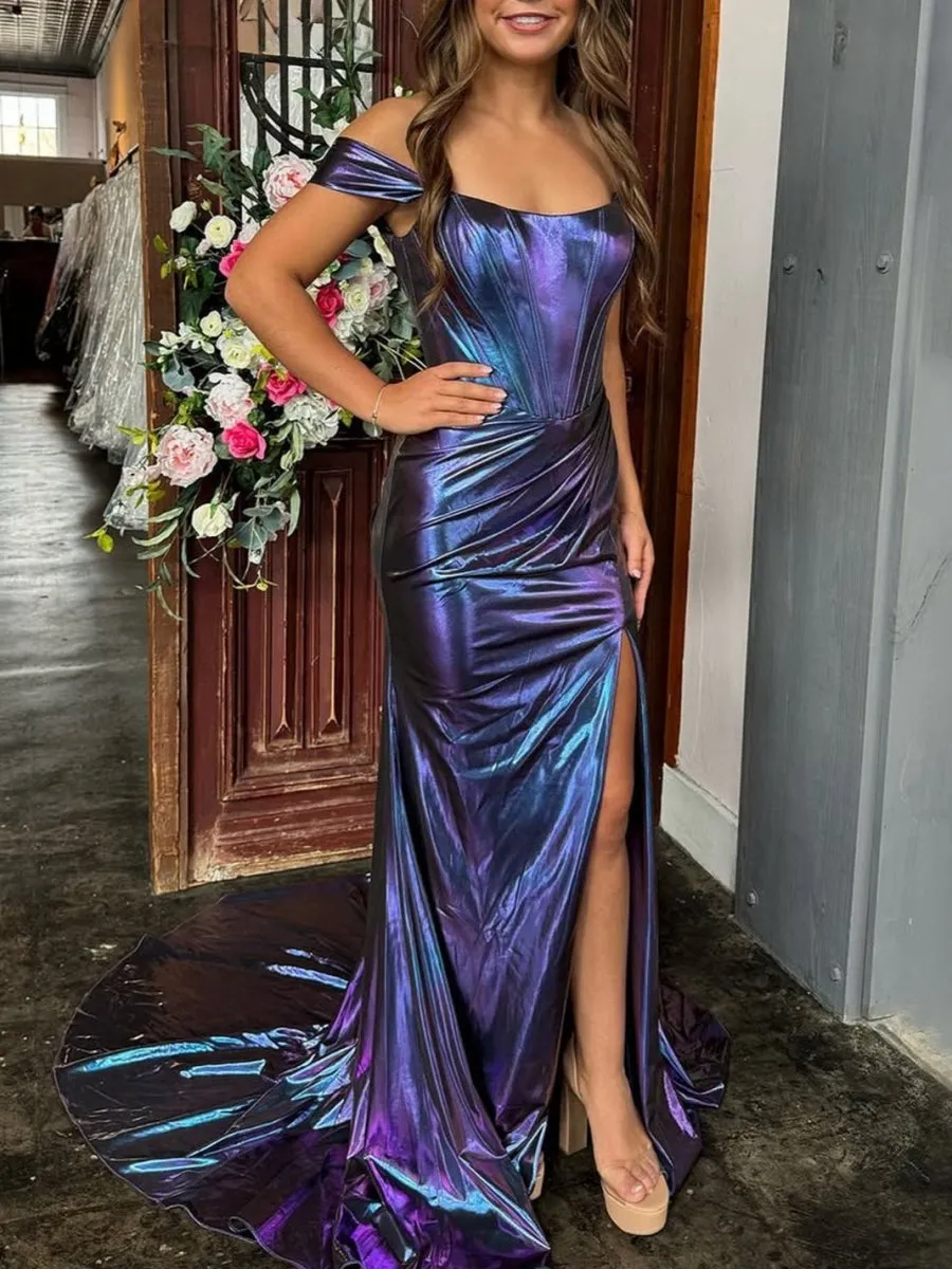 Mermaid Off the Shoulder Metallic Long Prom Dresses