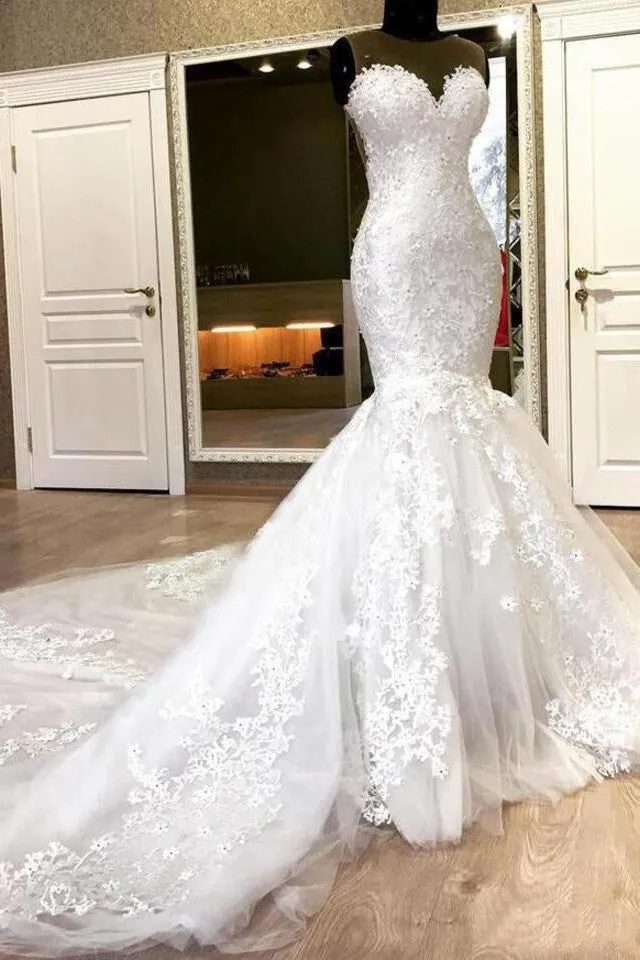 Mermaid Sweetheart Long Train Tulle Crochet Flower Wedding Dress