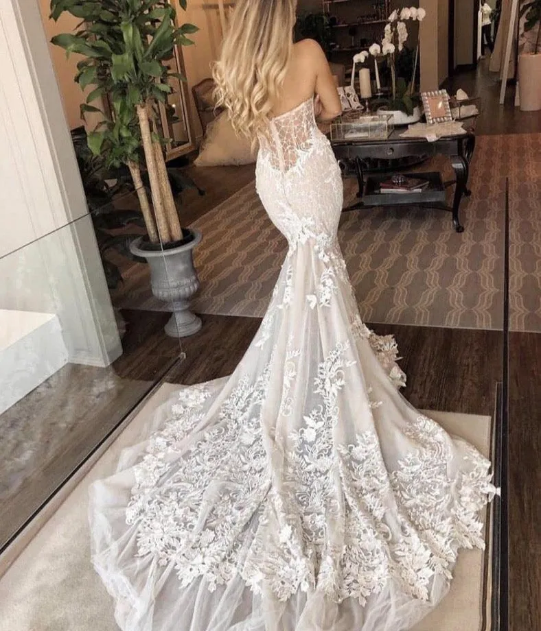 Mermaid Wedding Dress Sweetheart Bride Dress Appliqued with Flowers Lace Boho Wedding Gown Vestidos de novia