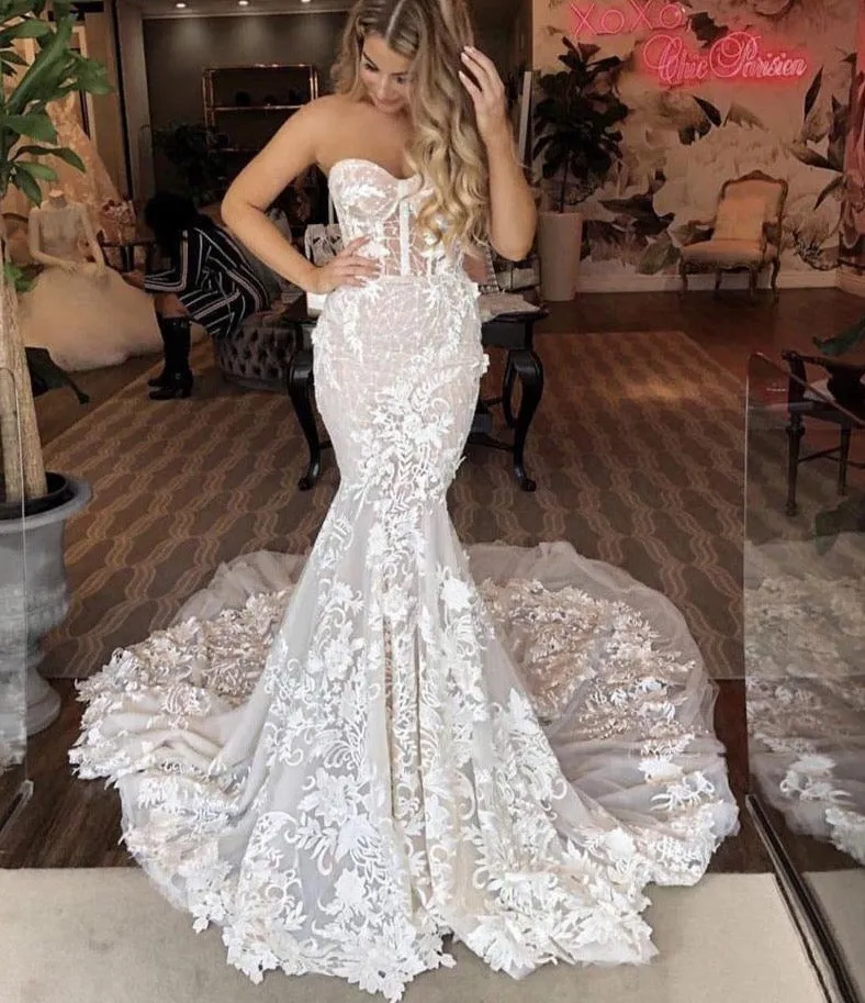Mermaid Wedding Dress Sweetheart Bride Dress Appliqued with Flowers Lace Boho Wedding Gown Vestidos de novia