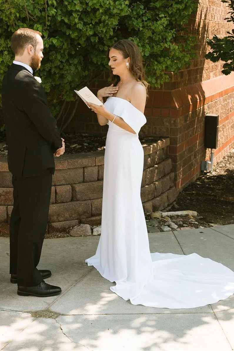 Mermaid White Off-the-Shoulder Chiffon Long Wedding Dress