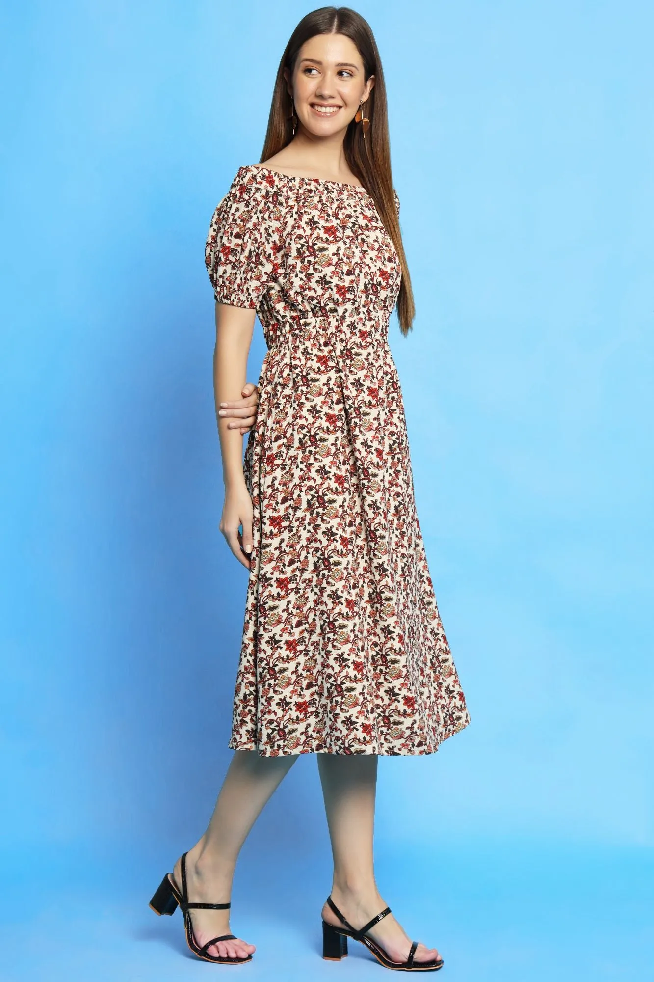 Multi color ditsy print off shoulder dress