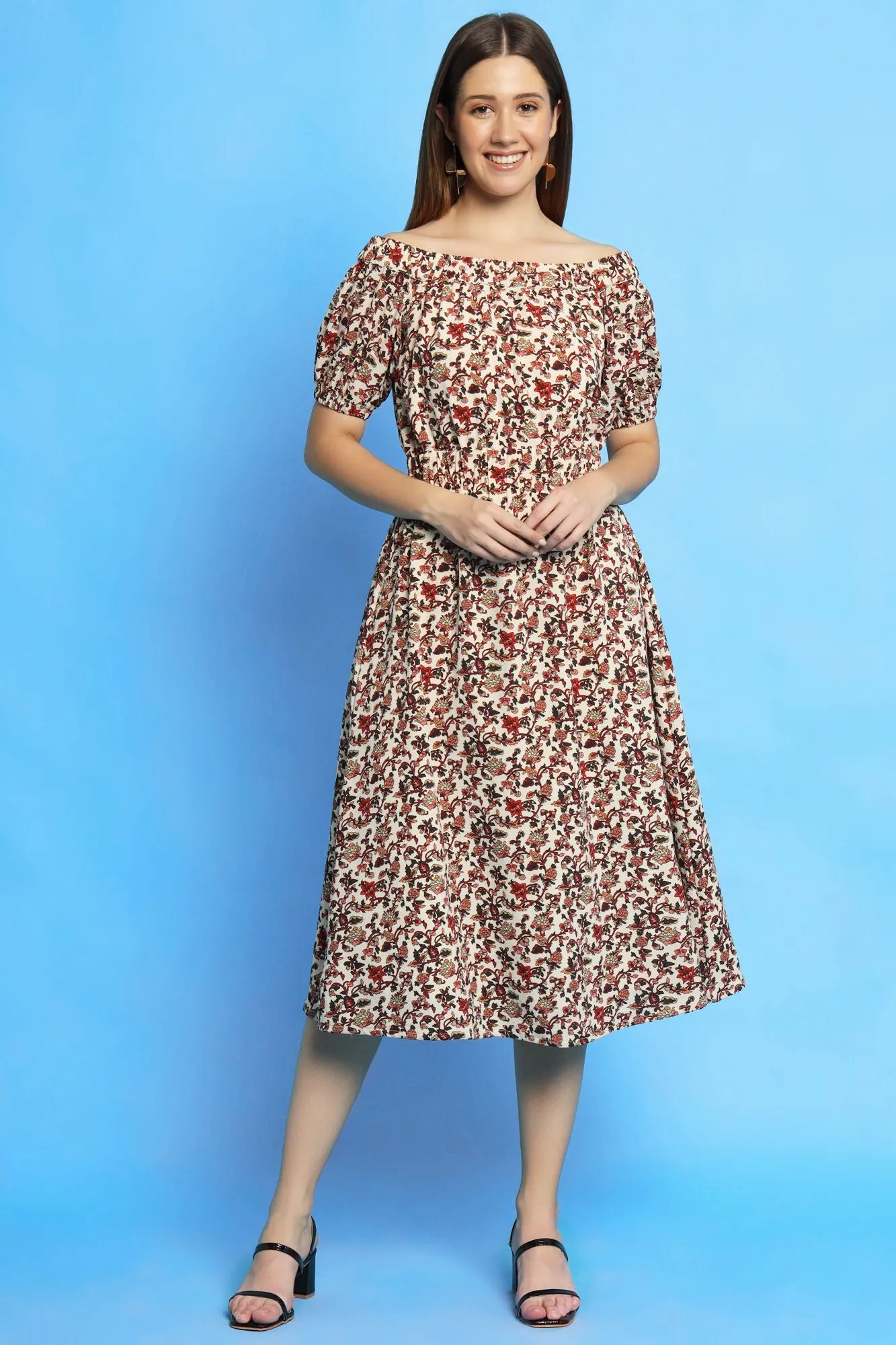 Multi color ditsy print off shoulder dress