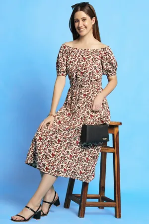 Multi color ditsy print off shoulder dress