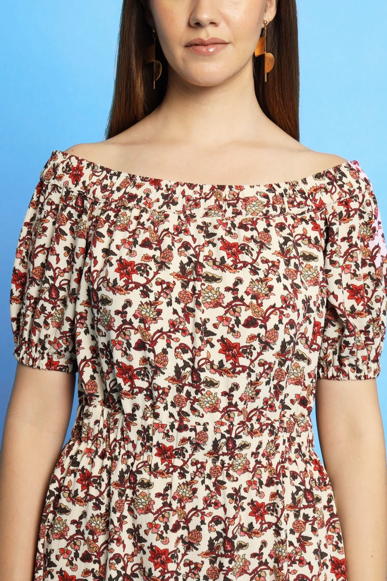 Multi color ditsy print off shoulder dress