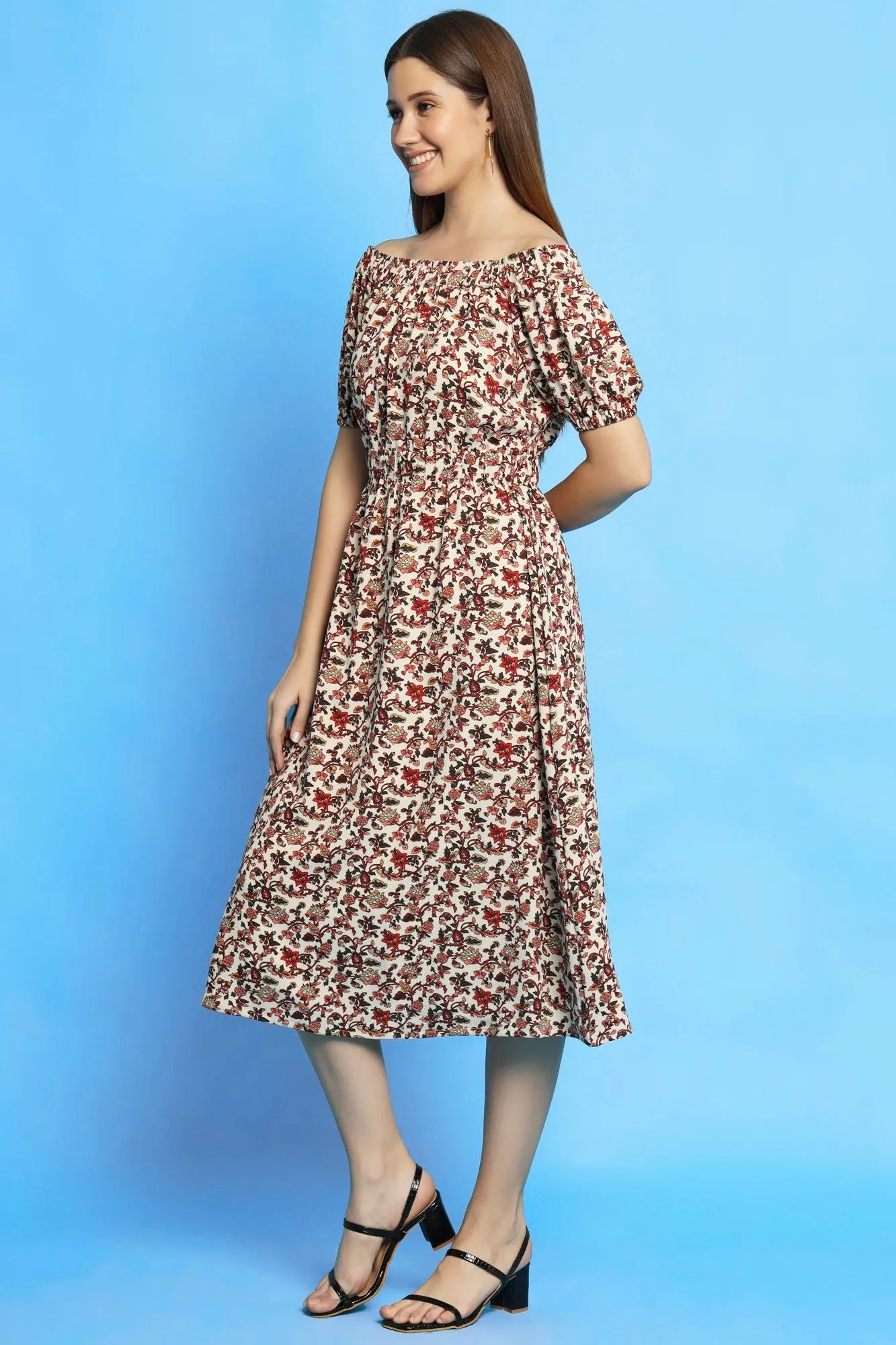 Multi color ditsy print off shoulder dress