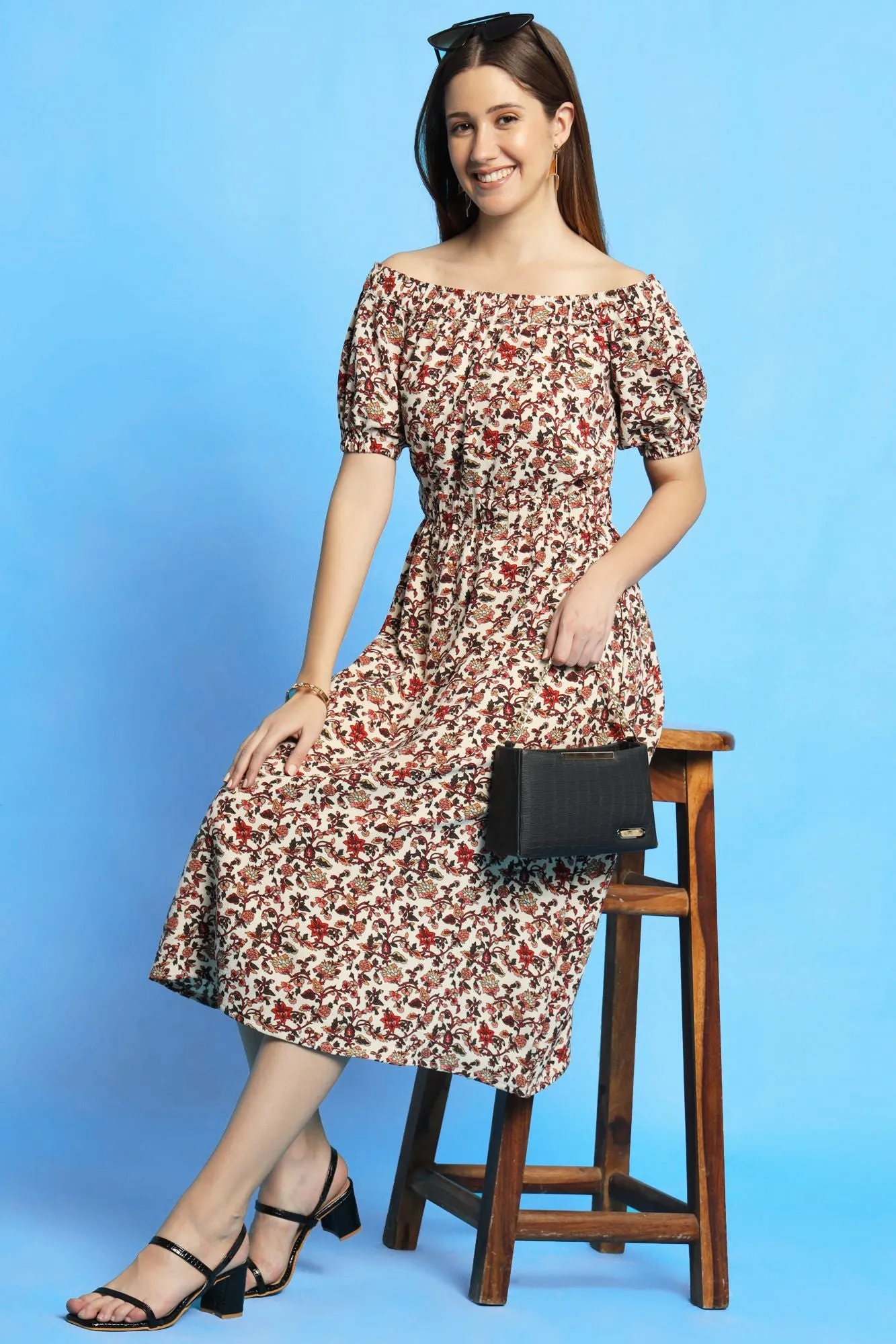 Multi color ditsy print off shoulder dress