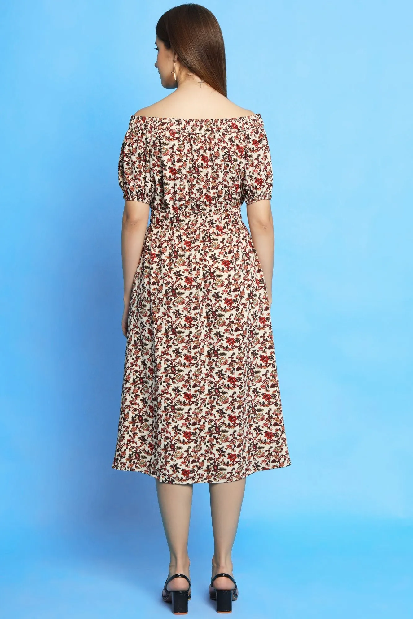 Multi color ditsy print off shoulder dress