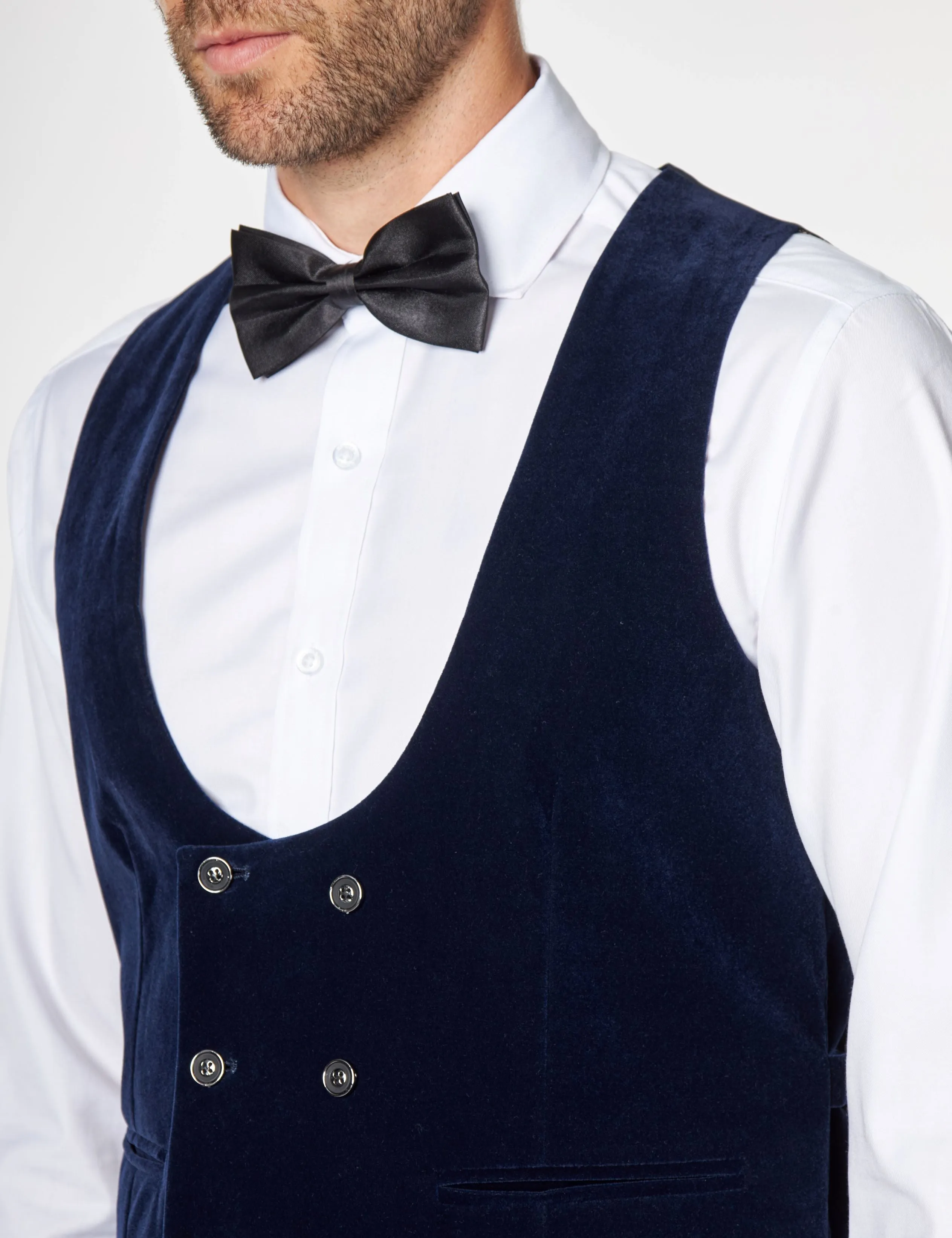 NAVY VELVET DOUBLE BREASTED LOW U CUT WAISTCOAT