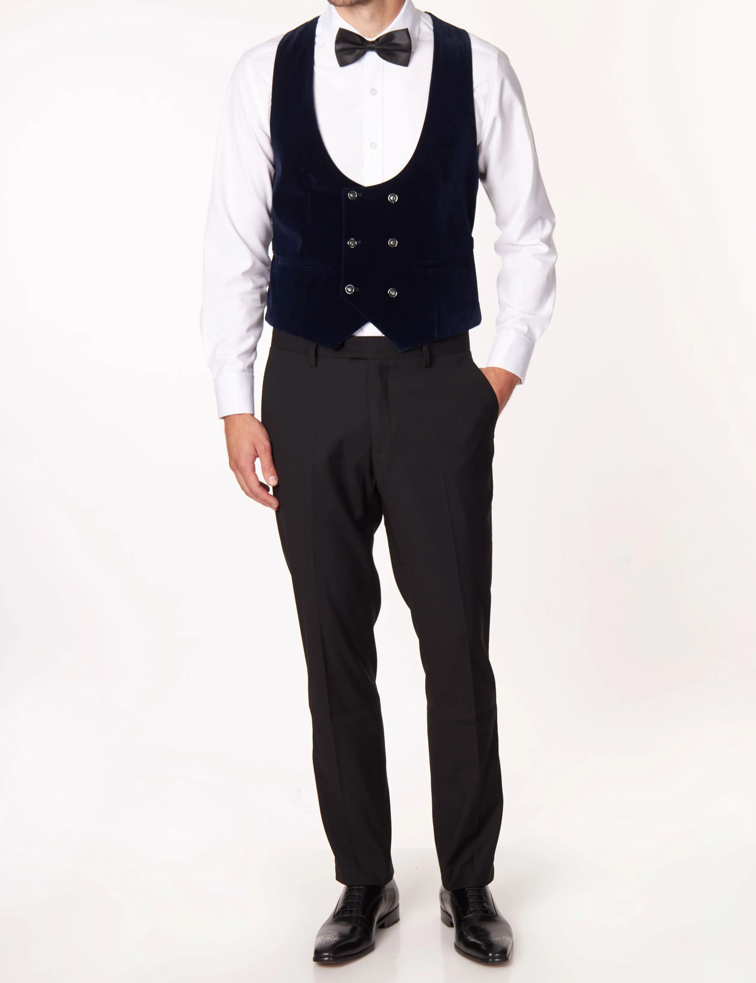 NAVY VELVET DOUBLE BREASTED LOW U CUT WAISTCOAT