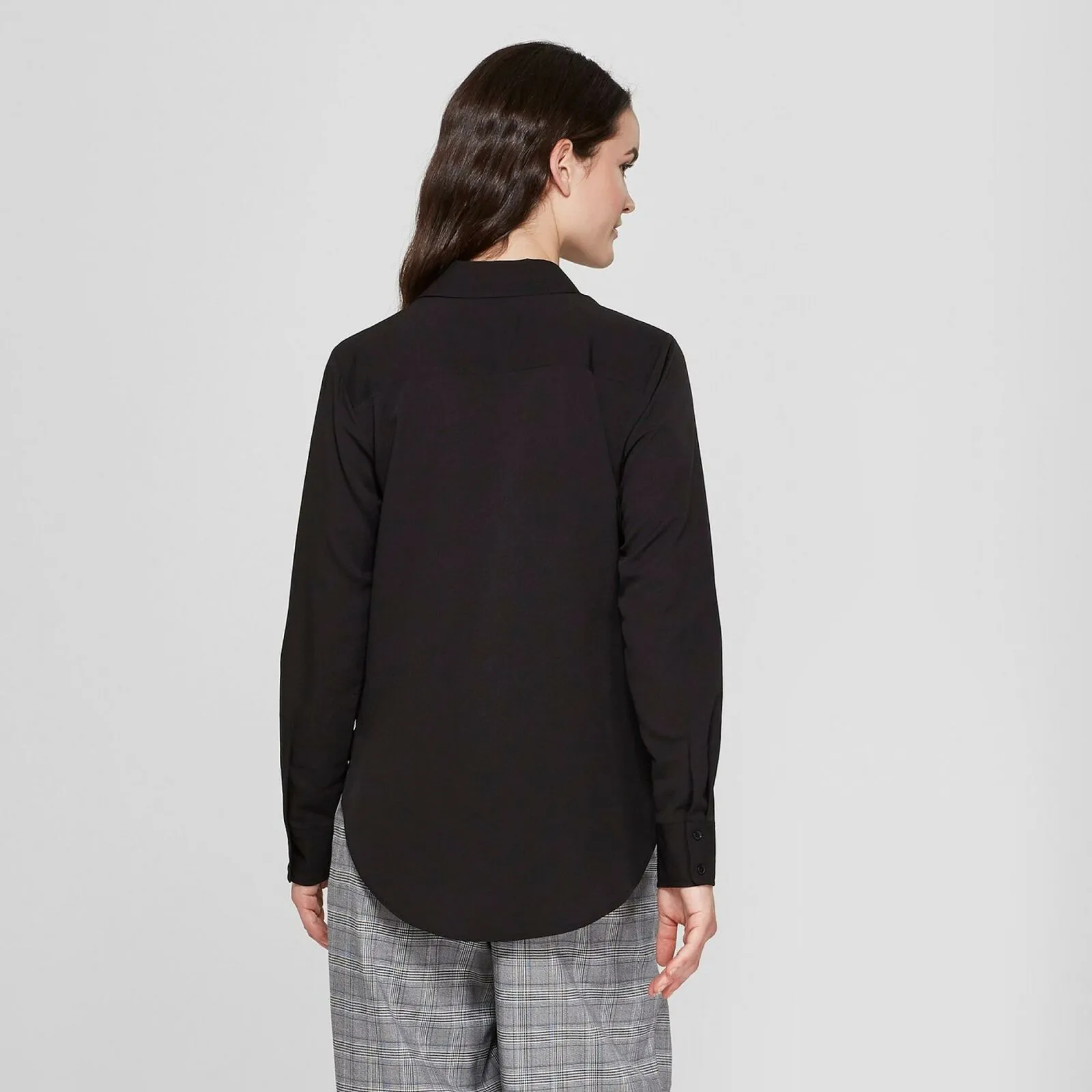 NWT A New Day Women's Collared Long Sleeve High Low Round Hem Crepe Blouse Small