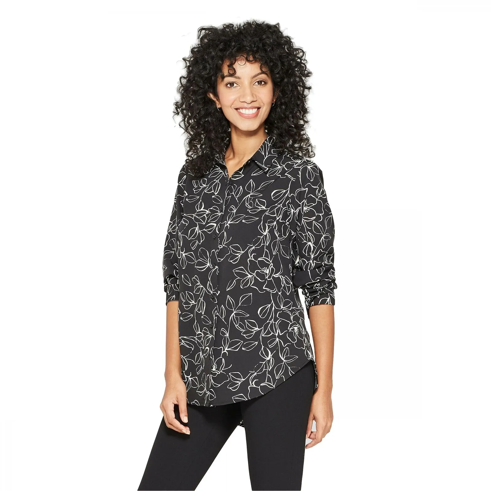 NWT A New Day Women's Collared Long Sleeve High Low Round Hem Crepe Blouse Small