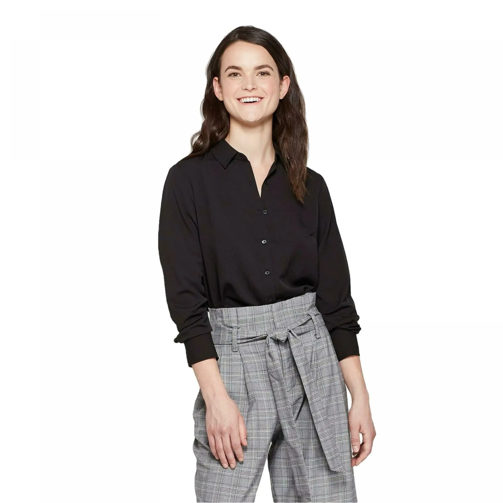 NWT A New Day Women's Collared Long Sleeve High Low Round Hem Crepe Blouse Small