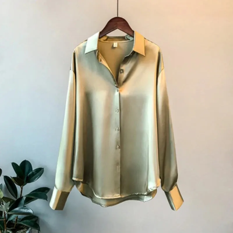 Obsidian Phoenix Vintage Silk Shirt - Button-Up Satin Blouse, Elegant Long Sleeve Office Top for Women