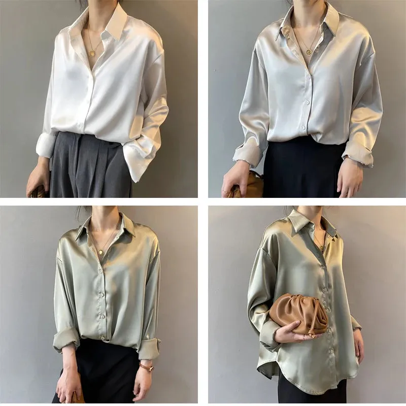 Obsidian Phoenix Vintage Silk Shirt - Button-Up Satin Blouse, Elegant Long Sleeve Office Top for Women