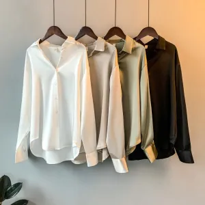 Obsidian Phoenix Vintage Silk Shirt - Button-Up Satin Blouse, Elegant Long Sleeve Office Top for Women