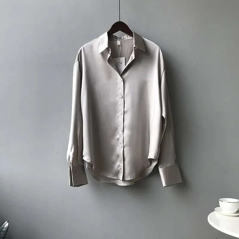 Obsidian Phoenix Vintage Silk Shirt - Button-Up Satin Blouse, Elegant Long Sleeve Office Top for Women