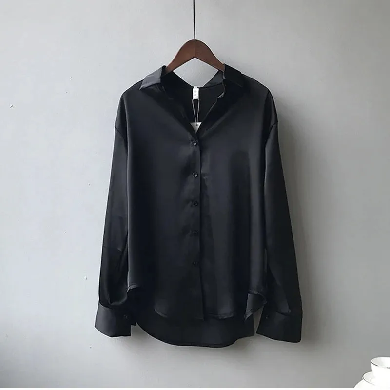 Obsidian Phoenix Vintage Silk Shirt - Button-Up Satin Blouse, Elegant Long Sleeve Office Top for Women