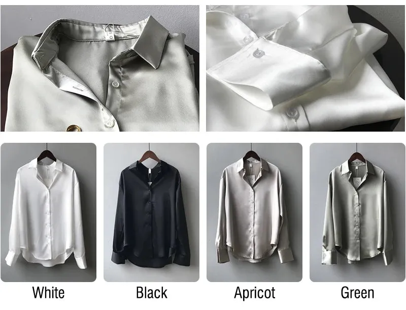 Obsidian Phoenix Vintage Silk Shirt - Button-Up Satin Blouse, Elegant Long Sleeve Office Top for Women